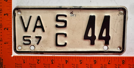 1957 Virginia #S/C 44 Motorcycle Sidecar License Plate