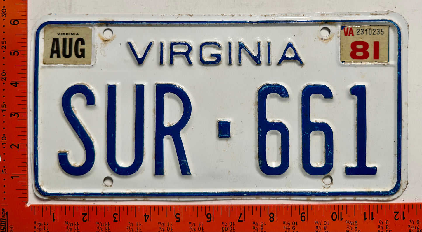 1981 Virginia #SUR-661 Passenger License Plate