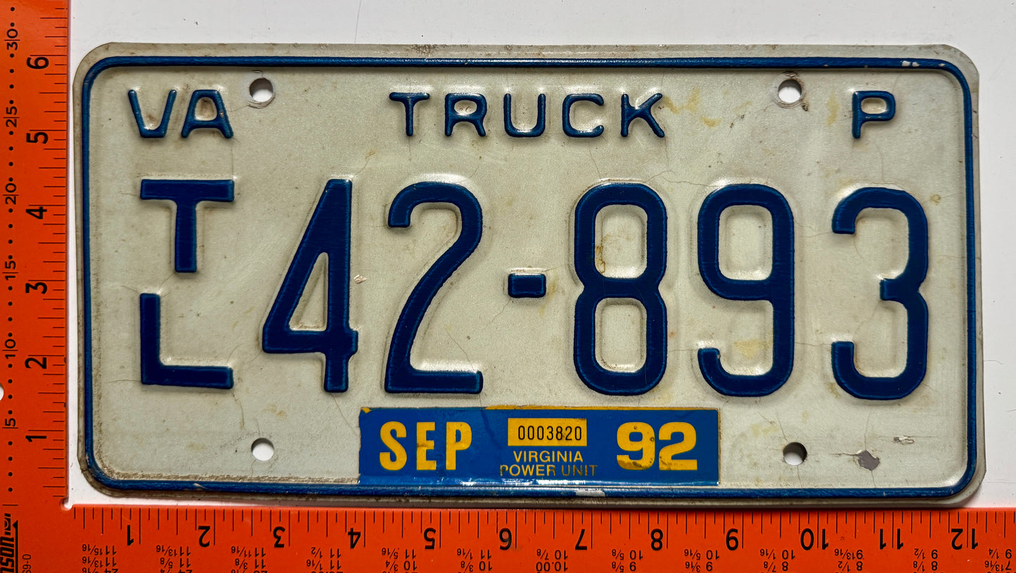 1992 Virginia #T/L 42-893 Truck License Plate