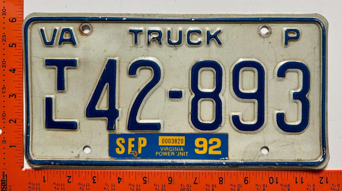 1992 Virginia #T/L 42-893 Truck License Plate