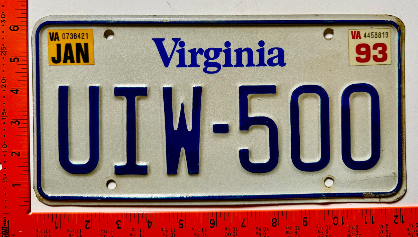 1993 Virginia #UIW-500 Passenger License Plate