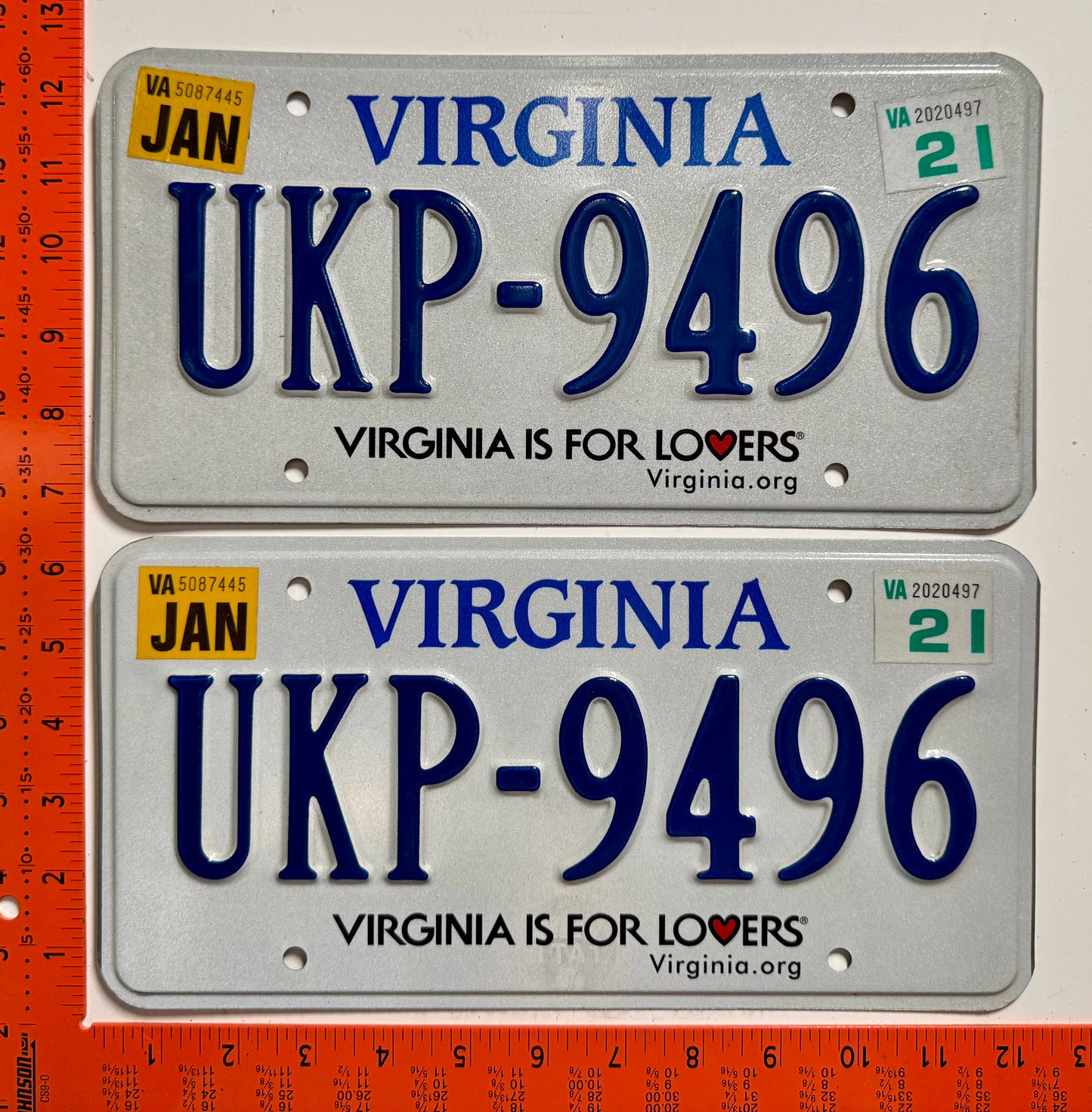 2021 Virginia #UKP-9496 Passenger License Plate Pair