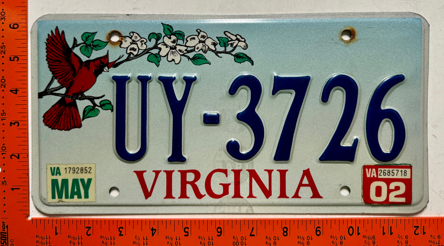 2002 Virginia #UY-3726 Cardinal Passenger License Plate