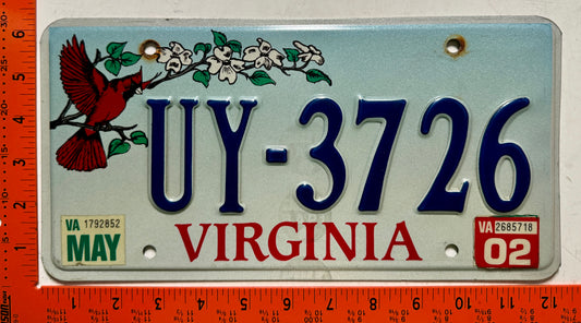 2002 Virginia #UY-3726 Cardinal Passenger License Plate