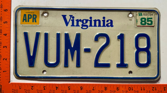 1985 Virginia #VUM-218 Passenger License Plate