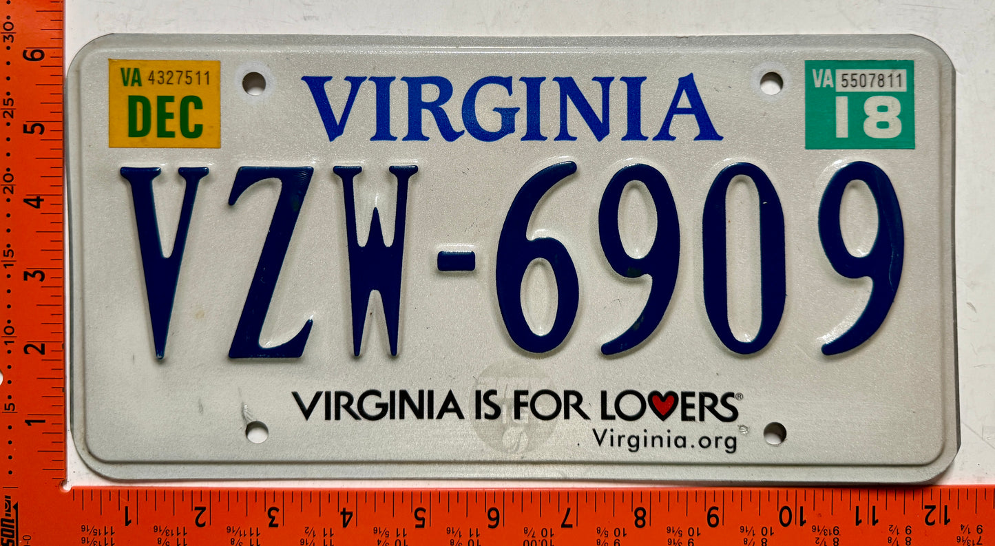 2018 Virginia #VZW-6909 Passenger License Plate