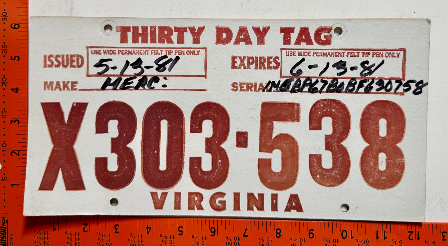 1981 Virginia #X303-538 Temporary License Plate