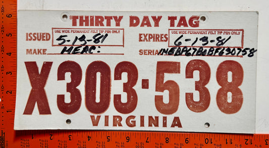1981 Virginia #X303-538 Temporary License Plate