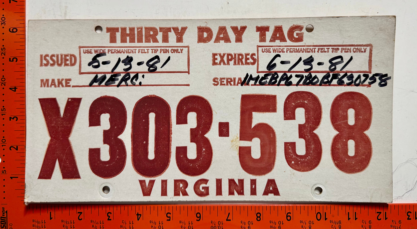1981 Virginia #X303-538 Temporary License Plate