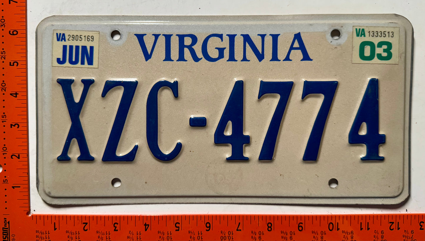 2003 Virginia #XZC-4774 Passenger License Plate