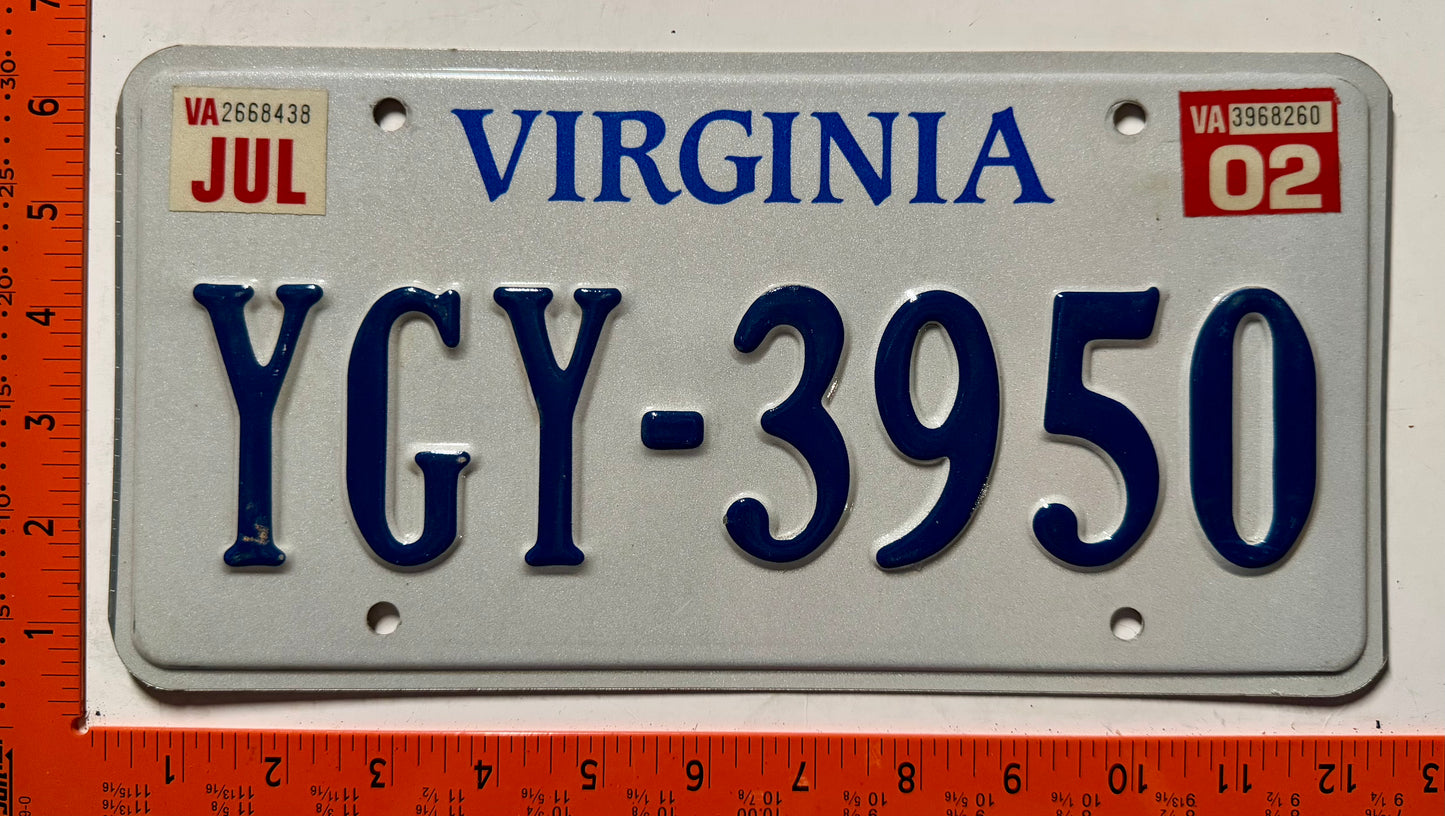 2002 Virginia #YGY-3950 Passenger License Plate