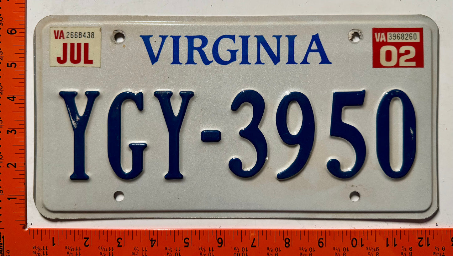2002 Virginia #YGY-3950 Passenger License Plate