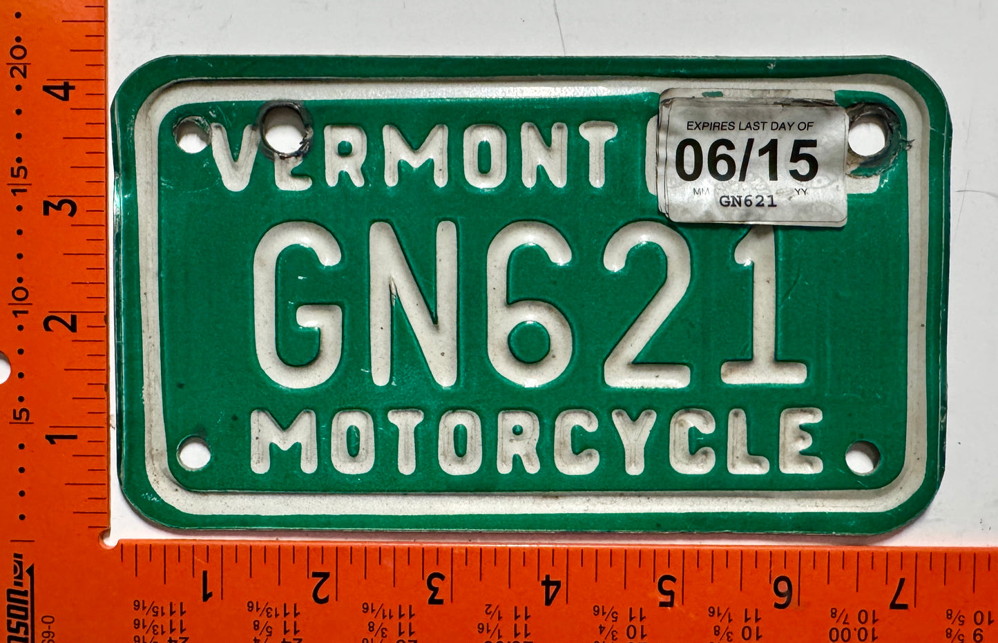 2015 Vermont #GN621 Motorcycle License Plate