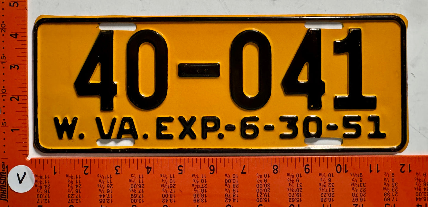 1951 West Virginia #40-041 Passenger License Plate