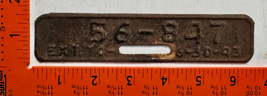 1943 West Virginia #56-847 Passenger License Plate Date Tab